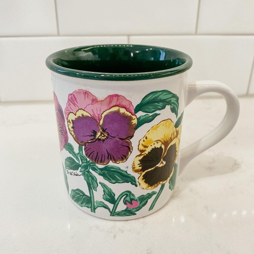 Vintage Rare Potpourri Designs Floral Pansies Coffee Mug 1991, 3.5" Tall